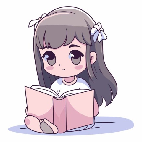 Cute little girl reading a book in cartoon style.