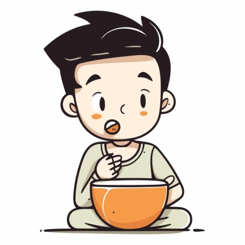 Illustration of a Kid Boy Eating Food in a Bowl - Vector