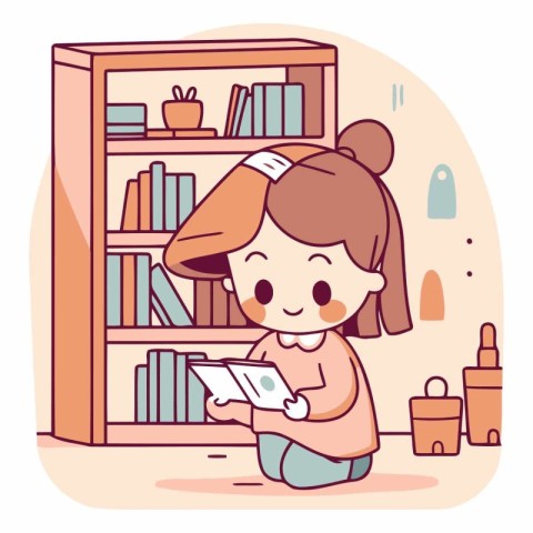 Illustration of a little girl using a tablet computer in the lib