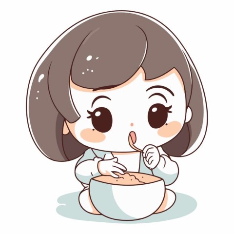 Illustration of a Cute Little Girl Eating a Bowl of Soup