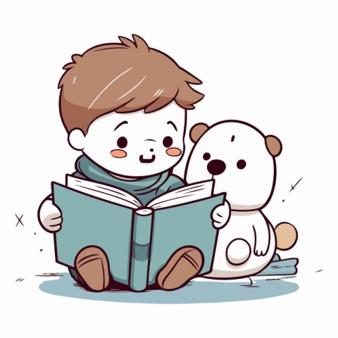 Cute boy reading a book and playing with a dog.