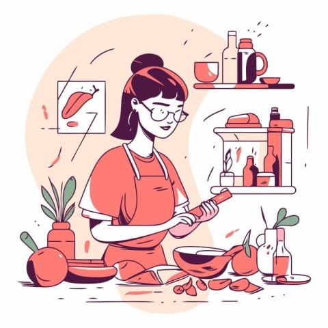 Woman cooking in kitchen in cartoon style. Girl in apron and gla