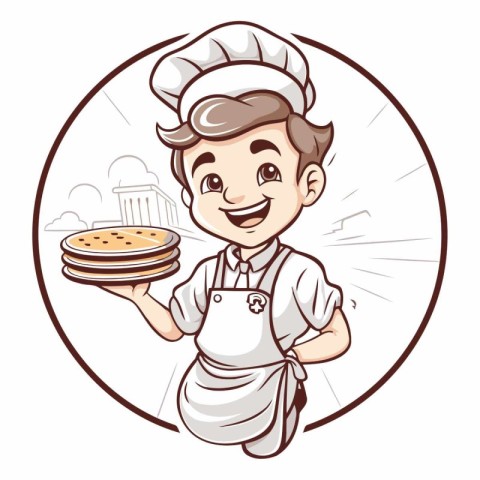 Chef holding a plate with pancakes. Vector clip art illustration