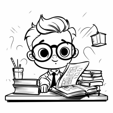 Schoolboy Studying With Books - Black and White Cartoon Illustra