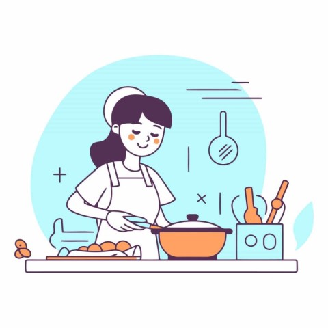 Young woman cooking in the kitchen in a flat style