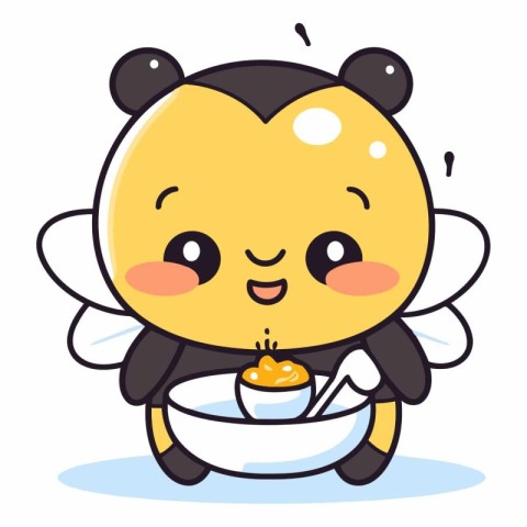 Cute kawaii bee holding bowl of food.