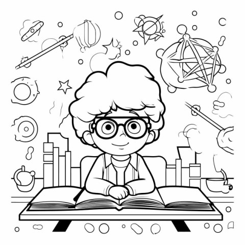 Black and White Cartoon Illustration of Kid Studying or Learning