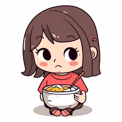 Illustration of a Girl Eating a Bowl of Noodles.