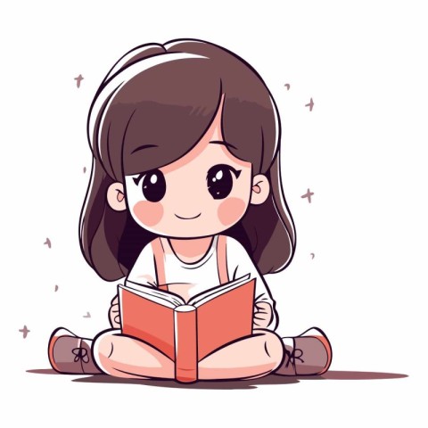 Cute little girl reading book in cartoon style.