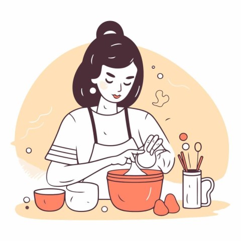 Young woman cooking in the kitchen in cartoon style.