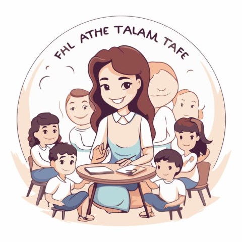 Vector illustration of a teacher with a group of children in a c