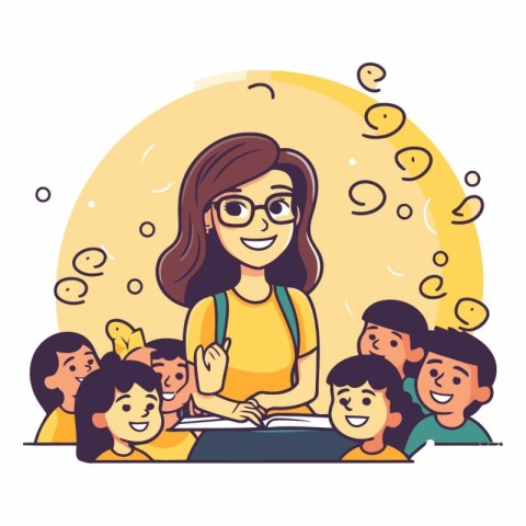 Teacher with children in a flat cartoon style.