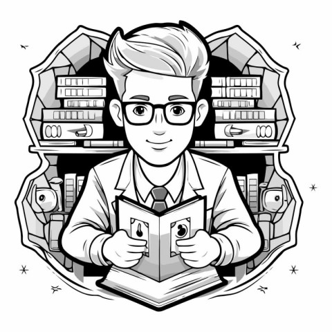 Cartoon illustration of a man reading a book in a library.