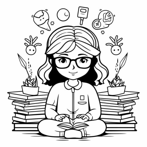 Black and White Cartoon Illustration of Girl Student Reading Boo