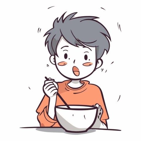 Illustration of a boy eating soup with a spoon on a white backgr