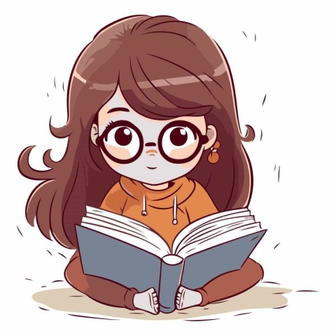 Cute little girl reading a book in cartoon style.