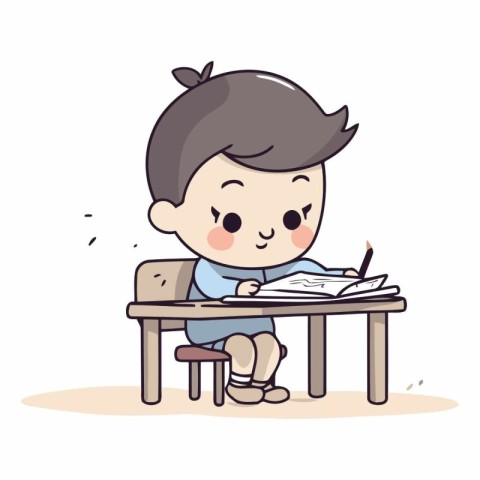 Boy studying at the school desk in cartoon style.