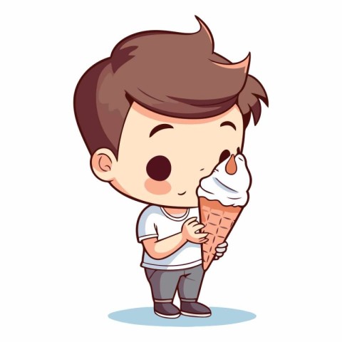 Cute boy eating ice cream on white background.