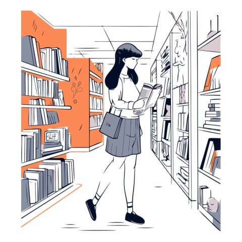 Vector illustration of a girl in the library. holding a book.