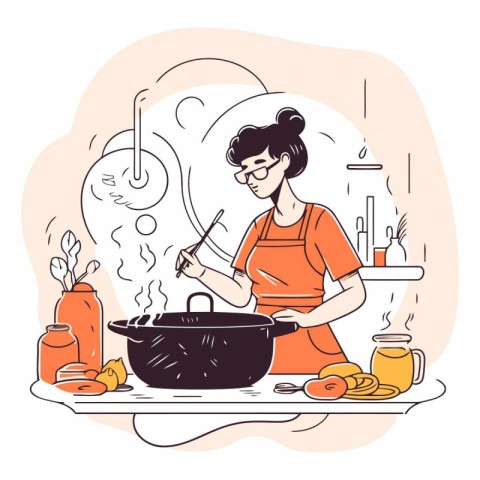 Young woman cooking in the kitchen in sketch style.