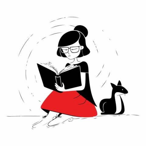 Girl reading a book with a cat and a dog