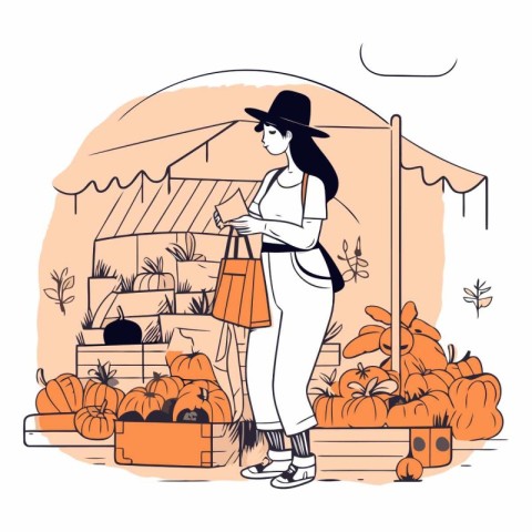 Vector illustration of a young woman standing near pumpkins in t