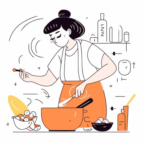 Woman cooking in the kitchen in a flat style.