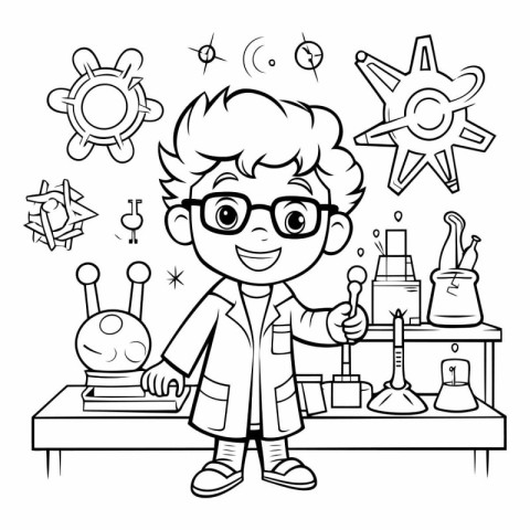 Black and White Cartoon Illustration of Kid Boy Scientist Doing