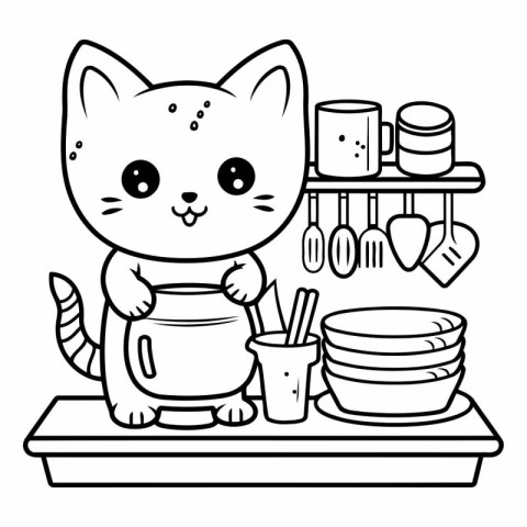 cute cat with dishware and utensils vector illustration design