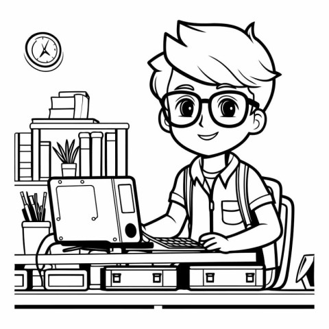 Boy with glasses working at the computer in black and white.