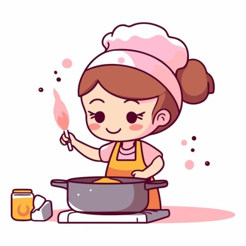 Cute little girl cooking in kitchen cartoon style.