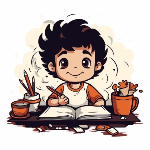 Vector illustration of a little boy sitting at the table and doi