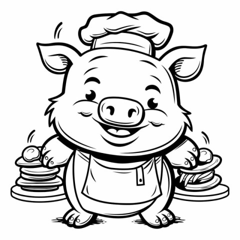 Black and White Cartoon Illustration of Cute Wild Pig Chef Chara