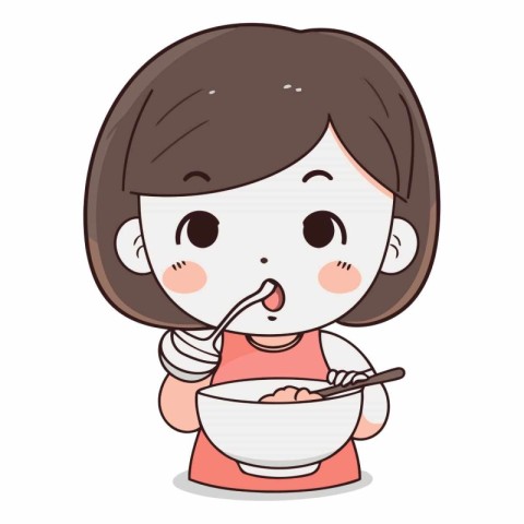 Illustration of a Girl Eating a Bowl of Noodles.