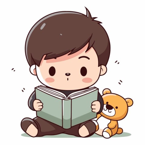 Boy reading a book with teddy bear and teddy bear.