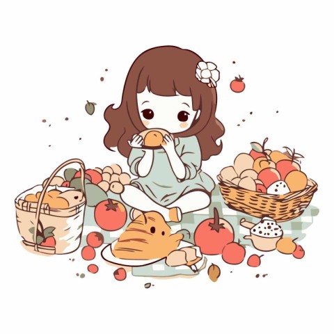 Little girl sitting on the floor with a basket of fruit and a ch