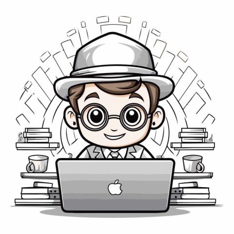 boy with glasses and hat using laptop in office vector illustrat