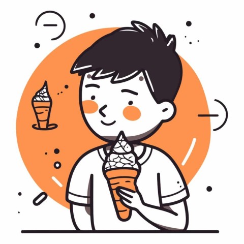 Cute boy eating ice cream in line style.