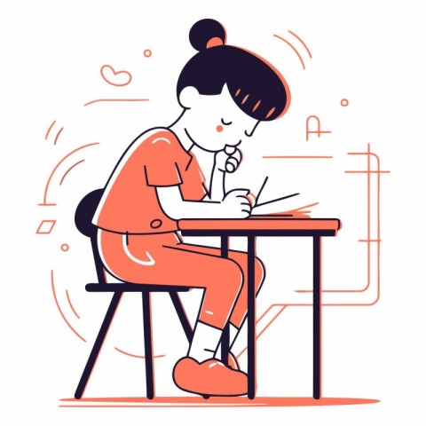 Young woman doing her homework in line art style.