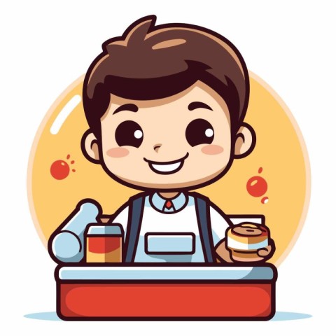 Cute cartoon smiling waiter standing behind the counter.