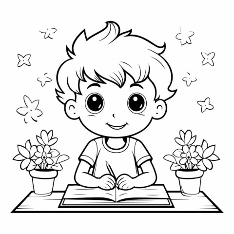 Cute little boy reading a book. black and white vector illustrat