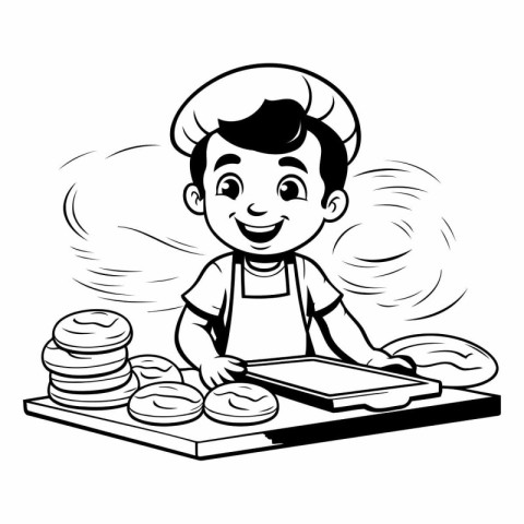 cute little chef boy making pancake cartoon vector illustration