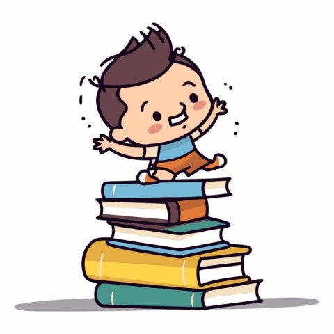 Cute little boy sitting on pile of books.