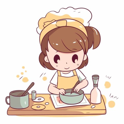 Illustration of a Cute Little Girl Cooking in the kitchen.