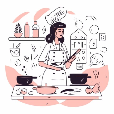 Vector illustration of woman in chef hat cooking food in kitchen