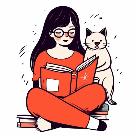 Vector illustration of a girl reading a book and a cat sitting n