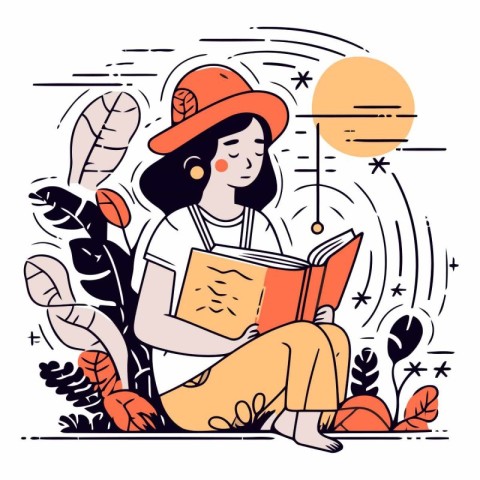 Vector illustration of a girl reading a book in the park. Flat s