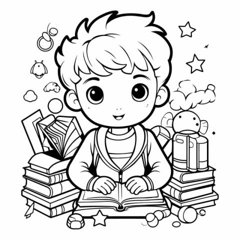 Black and White Cartoon Illustration of Kid Reading a Book Color