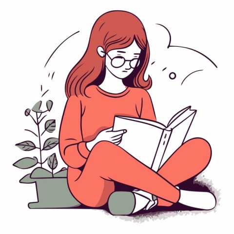 Young woman reading a book in a flat style.