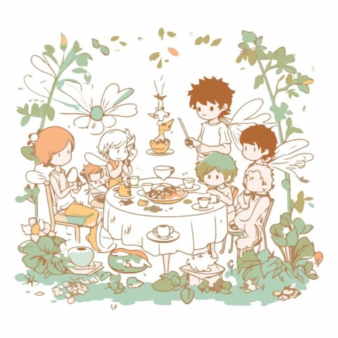 Illustration of a family having dinner at a table in the garden